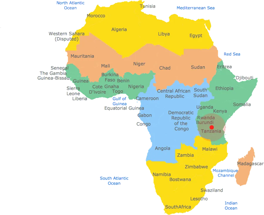 Map of Africa highlighting Tanzania