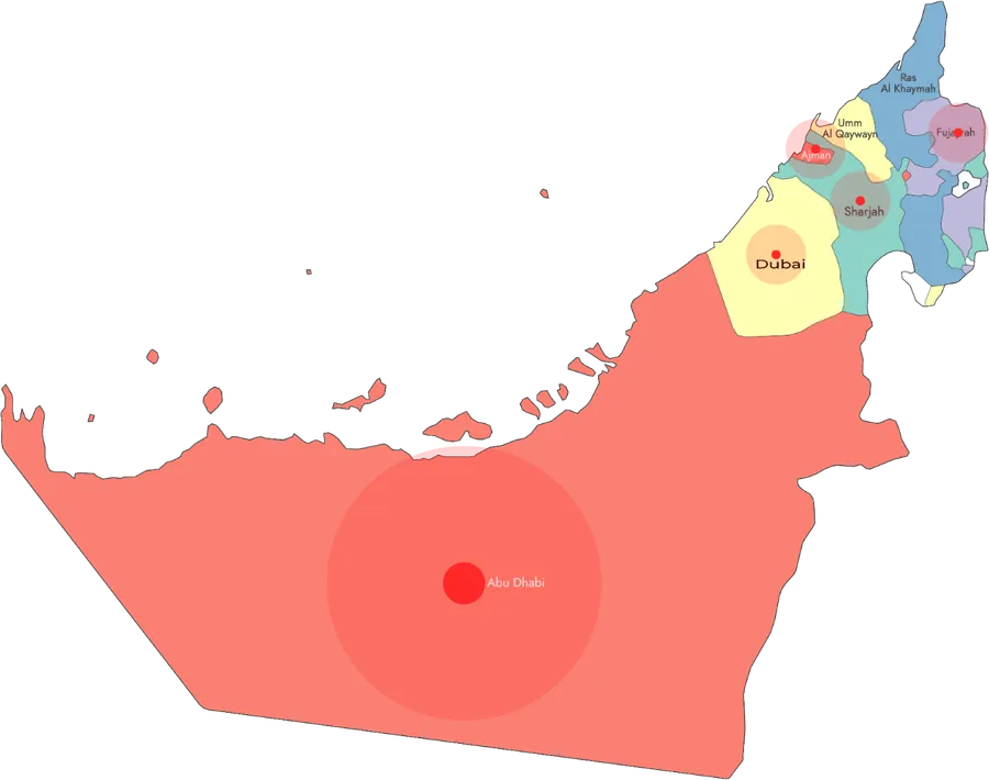 Map of the UAE with Al Amal branch locations